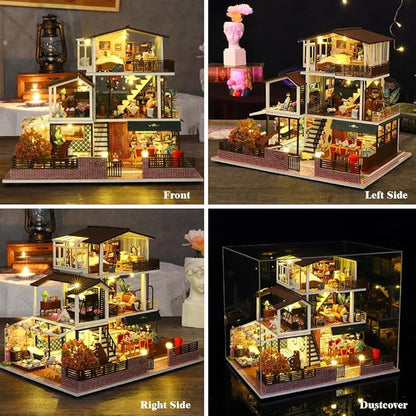 Yuzhen DIY Miniature Dollhouse with Furniture and LED Lights, European Style Villa Wooden Dollhouse Includes Dustcover and Music Movement, Exquisite Home Decor
