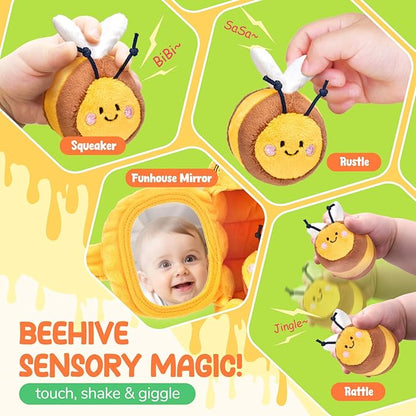 JoyCat 6 Month Old Baby Toys, Flower Beehive with 5 Stuffed Sensory Bees, Crinkle, Rattle, Mirror, Montessori Toys for 6-10 Months Old Babies, Infant Toys Baby Shower Birthday Christmas Gift