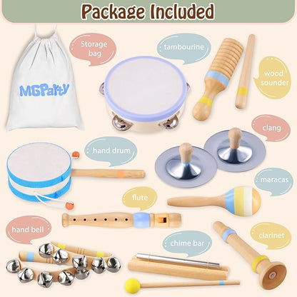 Montessori Musical Instruments for Toddlers, Wooden Baby Music Set with Drum, Flute, Clarinet, Chime Bar, Bells Cymbals, Natural Sensory Learning Toys for Boys Girls 1-3 Years Old