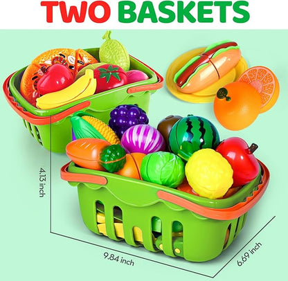 100 PCS Cutting Play Food Toy for Kids Kitchen, Pretend Food Toys for Toddlers, Play Kitchen Toys Accessories with 2 Baskets, Fake Food/Fruit/Vegetable, Birthday Gifts for 3 4 5 6 Years old Girls Boys