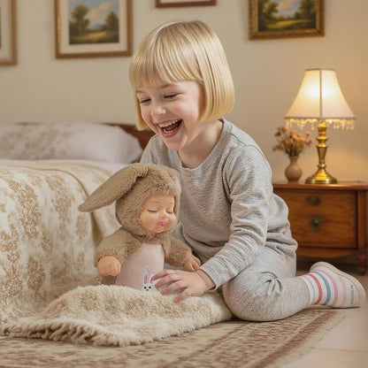 Plush Animal Toys,Interactive Singing Plush Rabbit Doll,14in soft plush closed eye sleeping newborn baby doll,with interactive music box that sings,removable hat.suitable for children aged 3+.