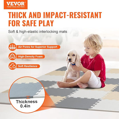 VEVOR 36 Tiles Kids Play Mat, 0.4 Inch Toddler Play Mat with EVA Foam, 12" x 12" Puzzle Play Mat with 36 sq.ft Coverage, Interlocking Toddler Mats for Play Room, Nursery, Living Room, Camel&Gray&Beige