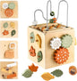 Wooden Activity Busy Cube Montessori Toys, 6-in-1 Activity Center Baby Bead Maze Toys, Sensory Shape Sorter Blocks, Toddler Boys Girls First Birthday Gift