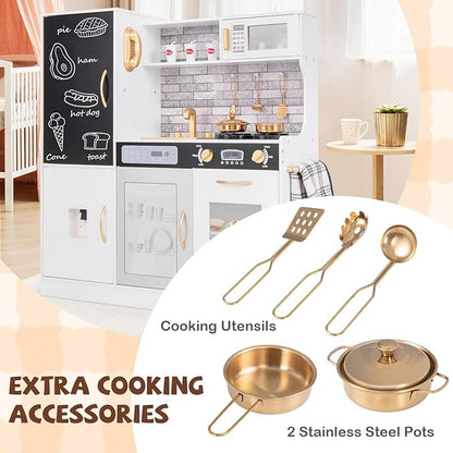 HONEY JOY Upgrade 39 in Kids Kitchen Playset, Large Wooden Little Chef Pretend Toy Kitchen Set w/Chalkboard, Telephone, Utensils, Oven, Microwave, Sink, Storage, Play Kitchen for Toddlers (Golden)