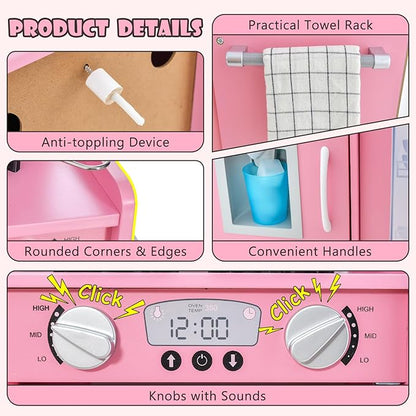 Costzon Kids Kitchen Playset, Wooden Pretend Cooking Toy Set w/Realistic Sound, Large Blackboard, Telephone, Microwave, Ice Maker, Dishwasher, Oven, Storage Space, Play Kitchen for Kids Ages 3+ (Pink)