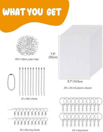 175 Pieces Shrink Plastic Sheet Kit Includes 25 Pieces Shrink Plastic Sheets and 150 Pieces Accessories for Making Key Chains, Christmas Ornaments, Kids' Birthday Presents