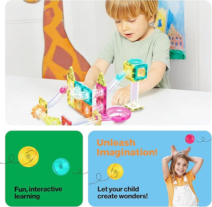PicassoTiles Magnet Tiles Building Block Travel Size Magnetic Marble Run Construction Toy Set Mini Diamond Marble Racetrack Building Blocks Playset Education STEM Learning Kit Boy Girl 3+ PTMG45