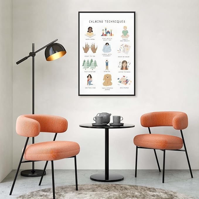 Feelings Calming Techniques Canvas Wall Art Calming Corner Classroom Mental health Posters Boho Emotions Chart for Kids Prints Special Education Wall Decor for Office School 24x36in BlackFramed