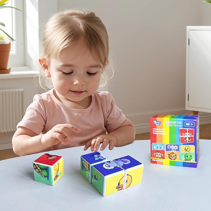 3D Magnetic Cubic Jigsaw Puzzle Toys for Toddlers, Large Building Blocks Cubes 1.65 Inches, Integrated with Magnets, 6 Patterns in Animal Theme