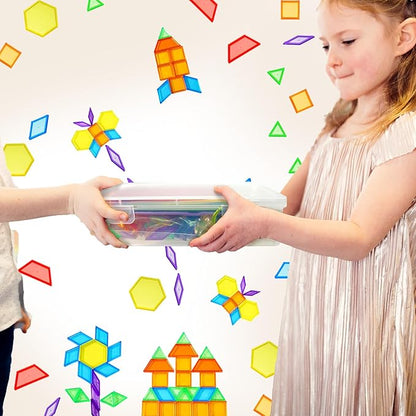 Bbiamsleep 140 Pcs Translucent Pattern Blocks Plastic Transparent Geometric Shape Blocks Light Table Manipulatives Accessories Sensory Bin Filler for Light Table Sorting Counting Spelling Training