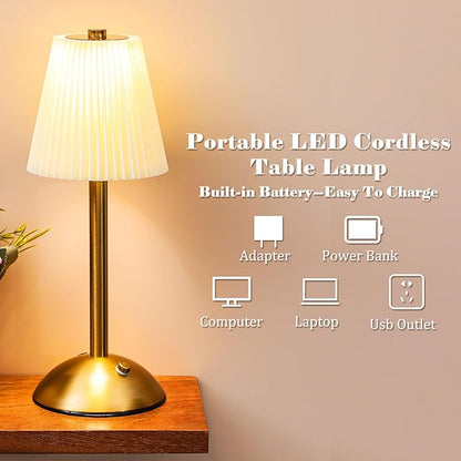 Liliful 2 Pcs LED Portable Cordless Table Lamp Touch Battery Operated Rechargeable Gold Desk Lamp 3 Color Dimmable for Bedroom Living Room Dining (Gold,Beige Cloth Style)