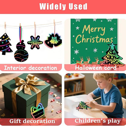 Naturahand 50 Rainbow Scratch Paper with 10 Wooden Scratch Sticks and 50 Red String, Deer Snow Shaped Scratch Off Cards for Christmas DIY Decorations and Art Party Favors(H-4)