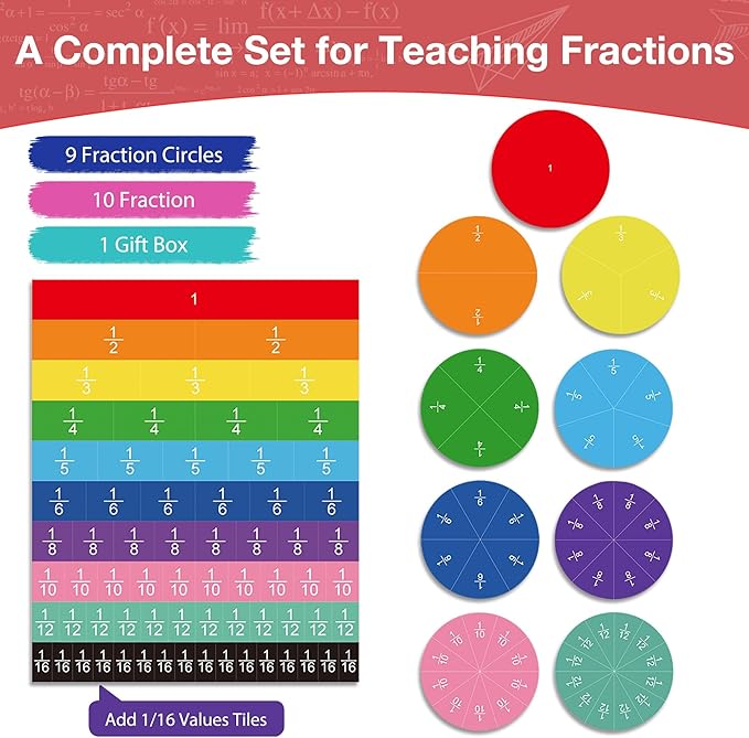 Opret Magnetic Fraction Tiles & Fraction Circles 19 Sets 118 Pcs, Rainbow Math Manipulatives for Elementary School, Magnetic Fraction Puzzle Math Classroom Supplies Christmas Gift