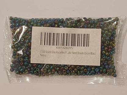 Perlin Glass Seed Beads 4mm 6/0 Round Mini Small Pony Spacer Beads 1100pcs for Jewelry Making Earrings Bracelets Pendants Waist DIY Handmade Metallic Color Kit (Green-Blue)