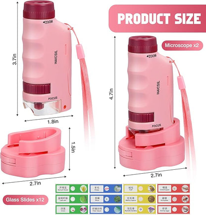 Portable Microscope for Kids Zoom 60x-180x,Handheld Mini Microscope STEM & Science Toys,LED Pocket Little Scientist Microscopes with 12pcs Slides,Gifts for 6,7,8,9,10+ Girls Boys（2PCS Pink）