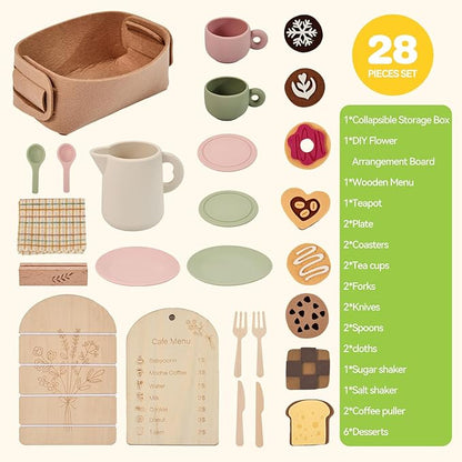 Youuys Wooden Tea Party Set for Toddlers Little Girls with Silicone Teapot Set & Felt Toys & Flower Arranging Toy and Portable Storage Basket, Pretend Play Toys for 3 4 5 6 Year Old Girl