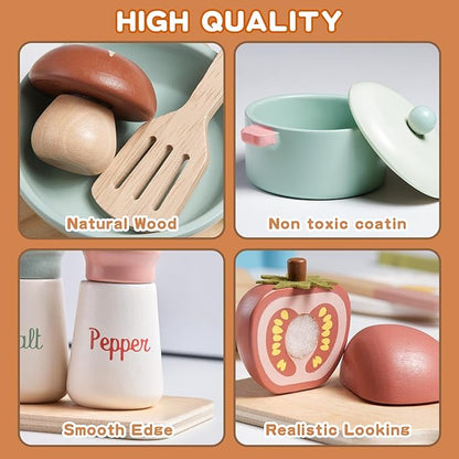 Wooden Play Kitchen Accessories Pretend Toy Pots and Pans Sets for Kids Kitchen Playset with Toy Stove Toddler Cooking Sets Food Toys for Toddlers 3-5 Gifts for Girls Boys (Wooden Cooking Set)