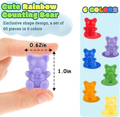 XINHUIDALSQ Rainbow Counting Bears Set of 60, 6 Colors Sorting Teddy Plastic Bears Math Manipulatives for Toddlers, 1 Inch Bear Conters Ages 3+ Kids