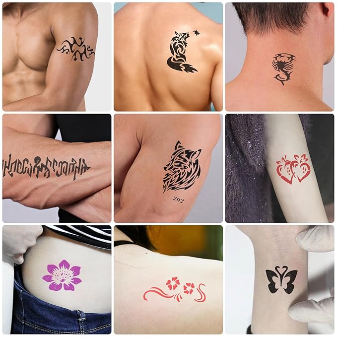 PFARRER Temporary Tattoo Kit12 Bottles Color Temporary Tattoo Ink,49 Big Pcs Stencils Kit for Body Paint DIY Fake Tattoos for Kids(Black*2,Red,Green,Blue,Pink,Grey,Navy,Yellow,Purple,Brown,Orange)