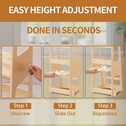 Toddler Kitchen Helper Tower for Ages 1–6 – 3-Level Adjustable Learning Tower with Safety Design, Toddler Standing Tower & Kitchen Helper Stool, CPC Certified, Natural