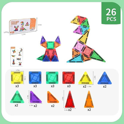 26PCS Mini Magnetic Tiles Building Blocks Set with Portable Iron Case, STEM Travel Toys for Kids Ages 3+, Educational Magnet Construction Puzzles for Boys and Girls,Toddler Puzzle Birthday Gift Toys