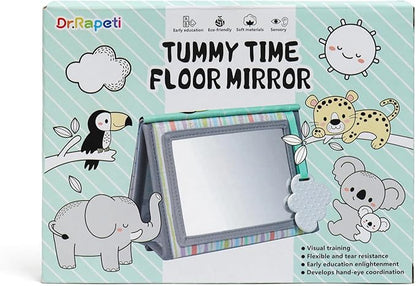 Dr.Rapeti Soft Tummy Time Book Baby Safe Mirror with Teether Crinkle Pages Tummy Time Mirror High Contrast Montessori Sensory Toy Tummy Time Toy for Newborn Baby Infant for 0+