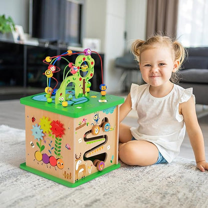 TOOKYLAND 5 in 1 Activity Center, Wooden Large Activity Play Cube 23"X13"X13", Wooden Learning Puzzle Toy for Toddlers, with Animal Friends, Shapes, Mazes, Shape Sorter