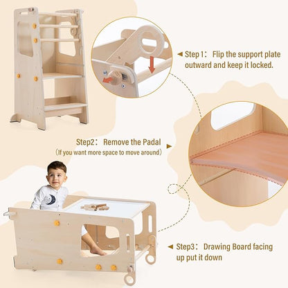Toddler Standing Tower, 4 in 1 Kitchen Stool Helper with Whiteboard, Kids Step Stool with Convertible Table and Chair, Toddler Helper Tower with Adjustable Height for Counter,Sink