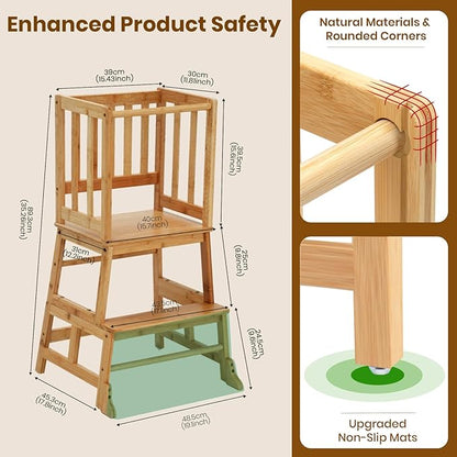 COSYLAND Toddler Standing Tower with Stabilizing Legs - Bamboo Kids Kitchen Step Stool for Learning Cooking - Stable Nursery Standing Stool for Kitchen Island, Bathroom (Natural)