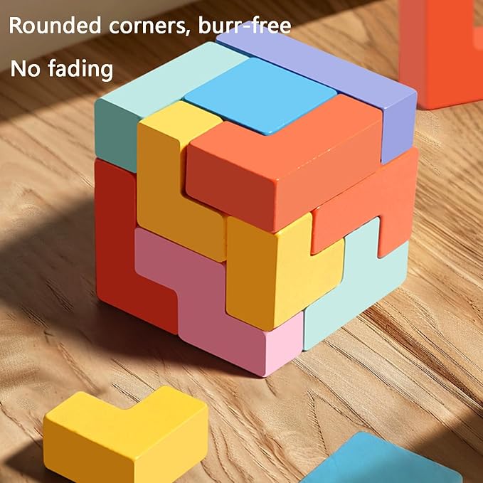 Montessori Brain Blocks, Colored 3D Wooden Russian Puzzle, Develops Logic & Spatial Reasoning, Wooden Stacking Puzzle Giant Board Game, Open-Ended Play Thinking for Boys and Girls (B)