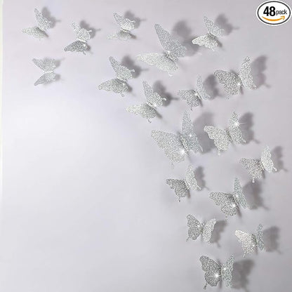 BBTO 48 Pieces Butterfly Wall Decor DIY Mirror 3D Butterfly Stickers Removable Decals for Home Bedroom School Bathroom Living Room Decor(Glitter Silver)