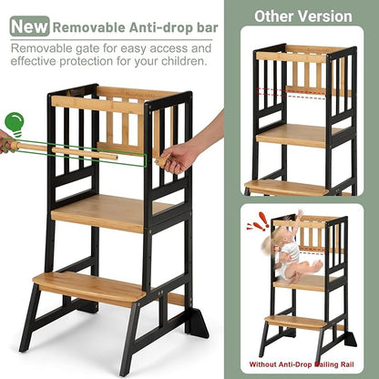 COSYLAND Toddler Standing Tower - Adjustable Height Toddler Kitchen Stool Helper - Kids Kitchen Step Stool for Learning with Removable Safety Railing Black&Natural