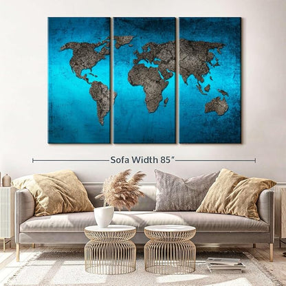 ElephantStock Ocean World Map Multi Piece Canvas - 3 Panel Wall Decor - Map of the World Art - Canvas for the Office and Home - 74" X 48"