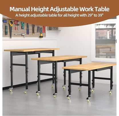 48'' Adjustable Workbench, Solid Wood Work Bench Table with Wheels and Power Outlet, Rolling Workbench with Drawers, Large Load Capacity Garage Workbench for Workshop,Office,Home
