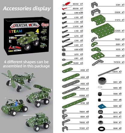 Metal Building Military Series Assembly Toys,Small Construction Set for Kids Ages 4-8, Military Toys for Boys Age 8-12,STEM Toy Gifts for Model Army Kit(166pcs No Motor)
