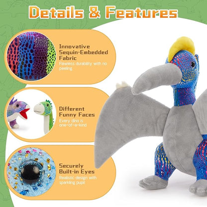 MaoGoLan 6 Pack Dinosaur Stuffed Animals Bulk 12in Dinosaur Plush Toy Collectible Dino Squad (T-Rex Velociraptor Stegosaurus Triceratops Pterodactyl), Kids Girls Boys Christmas