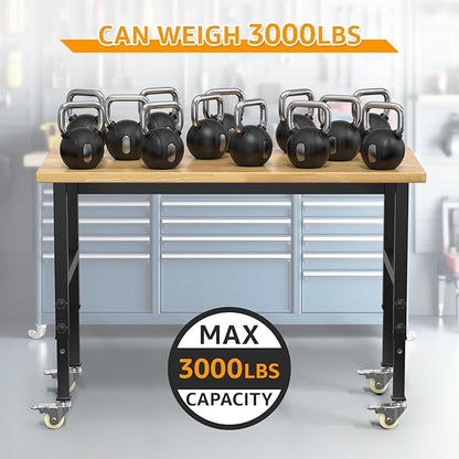48" Adjustable Workbench,Heavy-Duty Work Table,3000 LBS Load Capacity Hardwood Workstation with Wheels,for Workshop, Garage
