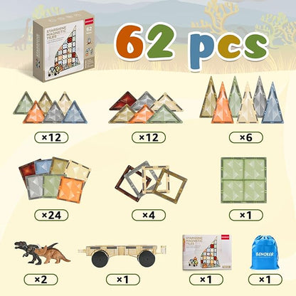 3D Magnetic Tiles, STEM Learning and Encourage Imaginative Play Magnetic Blocks, Preschool Puzzle Toys with Dinosaur, Gift for Boys and Girls 3 4 5 6 7 8 Years+