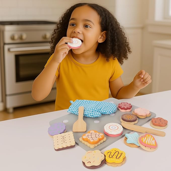 Slice and Bake Wooden Cookie Play Food Set for Kids, Kitchen Toys Food Accessories for Toddlers, Pretend Play Baking Set for 3 4 5 Years Old Girls Boys Birthday Gifts