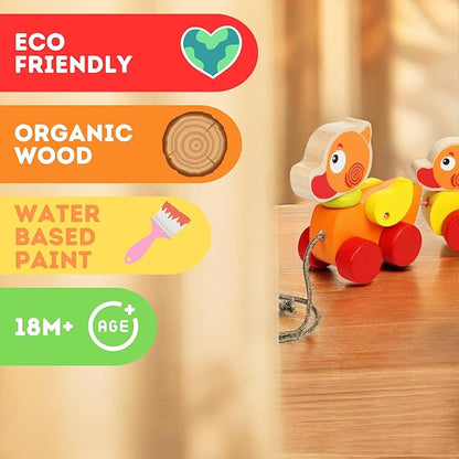 Cubika Wooden Walk Along Ducks – Pull Toys for Toddlers Ages 1-3 – Montessori Inspired, FSC-Certified Wood, German Water-Based Paint – Travel-Friendly Wooden Toy for Boys and Girls