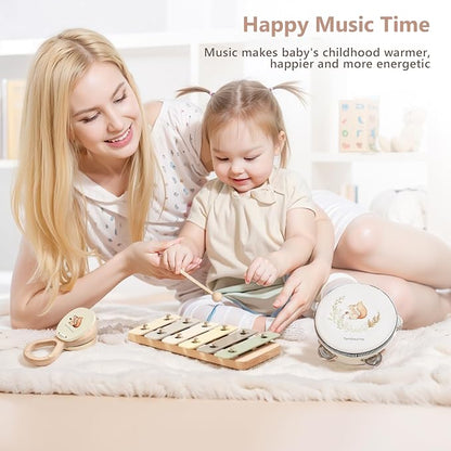 Baby Wooden Montessori Musical Instruments Set for Toddlers - Neutral Colors Percussion Set With Modern Boho Xylophone Tambourine - Educational Toys for Preschool Kids