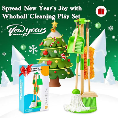 WHOHOLL Wooden Kids Cleaning Toy Set Toddler Broom Set for Housekeeping 8 Pcs Broom and Mop Set for Toddlers 3-5, Baby Cleaning Toys with Dustpan Sponge, Birthday Gifts for Boys and Girls (Green)