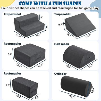 jela Kids Foam Climbing Blocks 6Pcs Soft Play Equipment Luxury Corduroy Fabric, Toddler Climbing Playset Indoor Soft Play Climbing for Toddlers, Lightweight Climbing Blocks for Babies (Darkgrey)