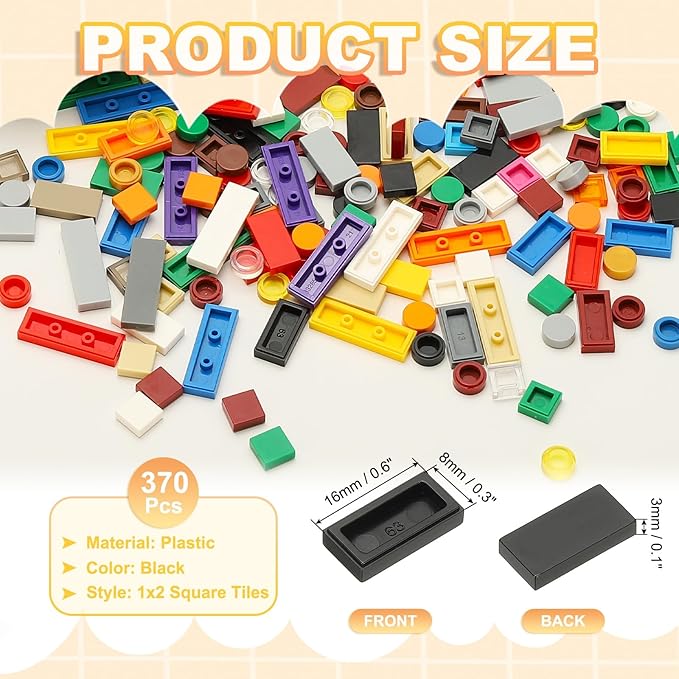 PATIKIL 370 Pcs Flat Blocks Bulk, 1x2 Square Black Classic Tiles Smooth Surface Mini Building Blocks Accessories Compatible Bricks Kits for Building Floor Walls Mosaic Pixel Arts