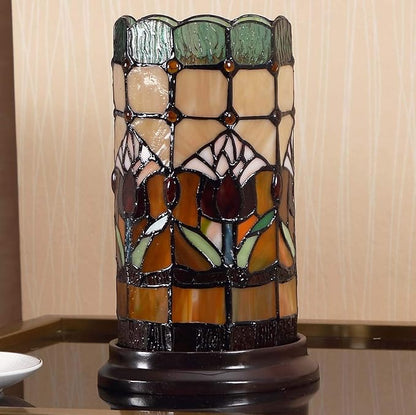 Bieye L10648 Tulip Flower Tiffany Style Stained Glass Mini Table Lamp Night Light with 5-inch Wide Lampshade for Bedside Bedroom Living Room Home Decoration, 10 inches Tall