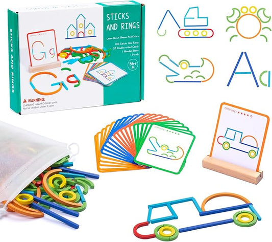 142pcs Wooden Pattern Blocks Shape Puzzles Sticks & Rings Wooden Tangram Puzzle Stem Preschool Brain Teaser Montessori Toys Gift for 3 4 5 Years Old Activity Kids Boy Girl