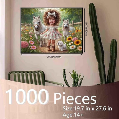 Tucocoo Cute Little Girl 1000 Piece Jigsaw Puzzle for Adults, Country Girl White Ponies Puppy Floral Path – Vintage Farm Scene for Family Games Challenging Puzzles, Rustic Wall Art DIY Crafts Gifts