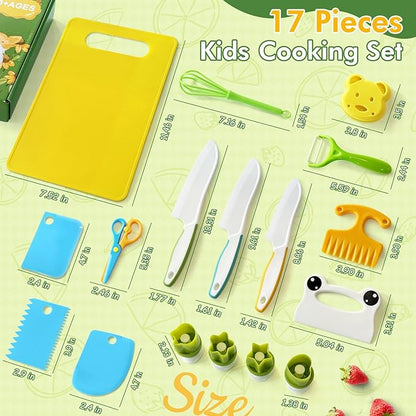 Chanking 17 Pieces Kids Knife Set for Real Cooking Child-Friendly Plastic Chef Tools, Montessori Kitchen Toys, Gifts for Boys and Girls Ages 3+