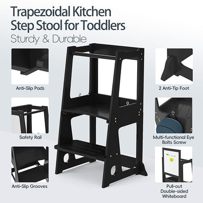 4 in 1 Kitchen Step Stool Helper for Toddlers, Toddler Learning Standing Tower with Whiteboard 2 in 1 Convertible Table and Chair, Widened Platforms for Little Ones Kitchen Counter Bathroom Sink