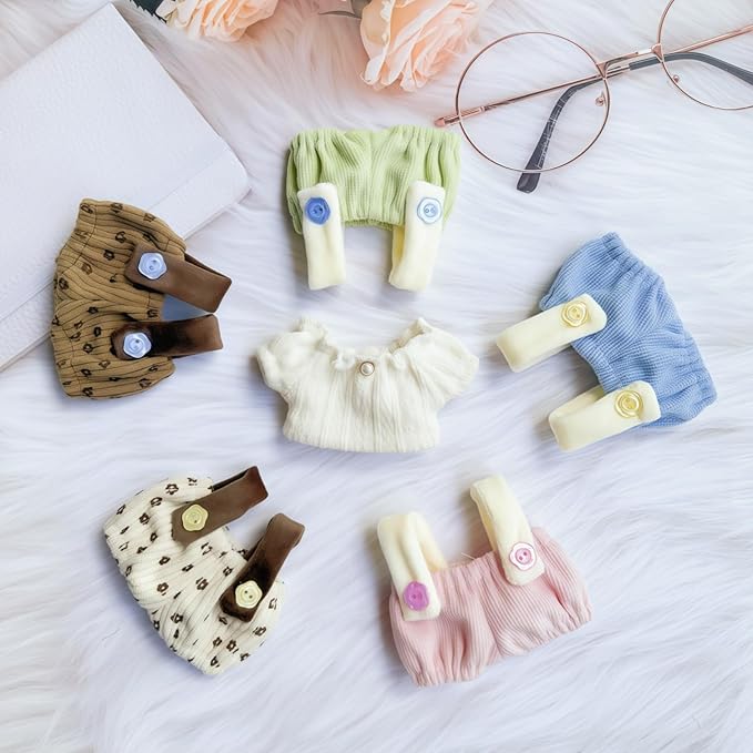 Clothes for Dolls Accessories (No Doll), Cute Outfit Set 3 Pieces Bib Pants Suitable for 15 & 17cm Doll Suit, Stylish Dress Up Overalls Doll Clothing Set Replacement with Hat Clothes Beige